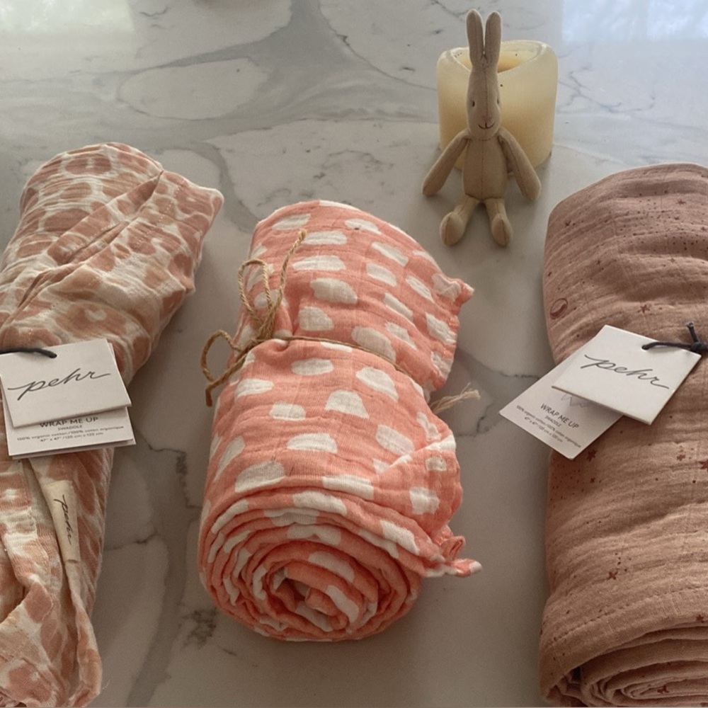 3 Pehr Muslin Baby Swaddles 47”x47”- Coral & Blush Prints plus Little Bunny